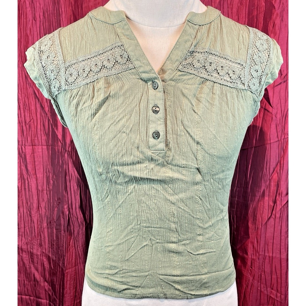 Womens Adrienne Vittadini Green Sleeveless Embroidered Henley Blouse Top sz Sm